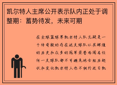 凯尔特人主席公开表示队内正处于调整期：蓄势待发，未来可期