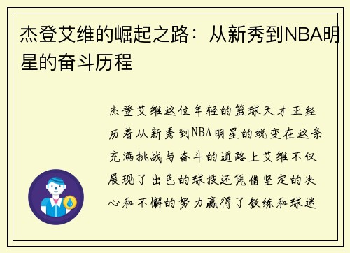 杰登艾维的崛起之路：从新秀到NBA明星的奋斗历程